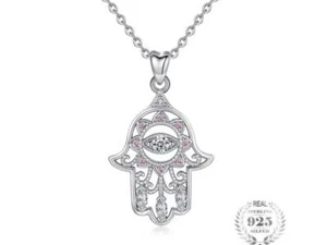 M040 Ciondolo con Collana Mano di Fatima Zirconi Bianchi Cristallo Argento 925 - Foto 1 di 5
