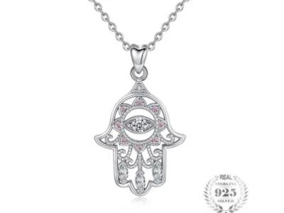KX Rimorchio Senza Catena Mano Di Fatima Cristalli Zirconia Bianchi Argento 925 - Immagine 1 di 4