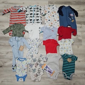 Clothes Lot Baby Boy 0-3 M 17pc Soft Sleepers Bodysuits Outfit Set Gently Used - Picture 1 of 19