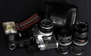 Canon PELLIX 35mm Película Mecánica SLR c/w 28mm, 50mm y 135mm Lente y Kit de Flash - Imagen 1 de 13