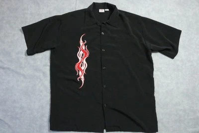 Anchor Blue Shirt Mens Extra Large Black Flame Embroidered Button Up Bowling 00s - Image 1 of 4