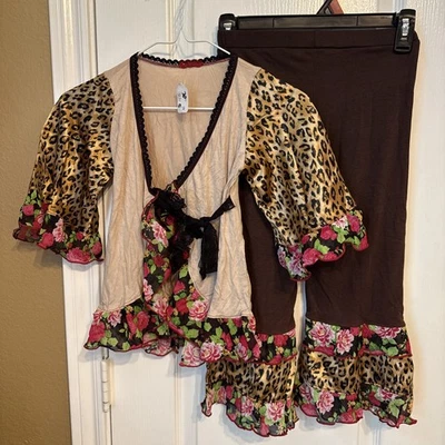 全新带标签 Boutique Girls 5 粉色动物印花荷叶边蕾丝领带上衣棕色裤子套装带蝴蝶结 — 第 1/4 张图片