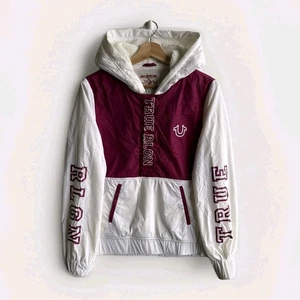 True Religion Windbreaker Jacke mit Kapuze und halbem Reißverschluss gefüttert rot Damen Gr. Medium - Bild 1 von 8