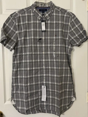 Camisa masculina manga curta elástica slim fit XL nova com etiquetas Tommy Hilfiger xadrez preta - Imagem 1 de 4