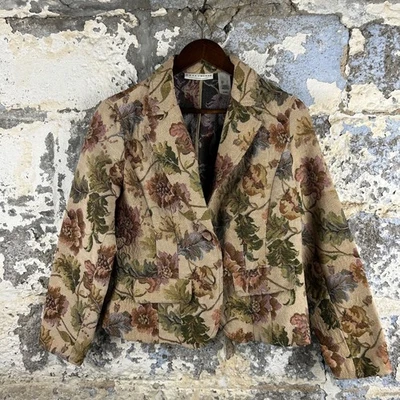 Y2K Crazy Horse Liz Claiborne 公司挂毯花卉波西米亚西装外套夹克大号 — 第 1/4 张图片