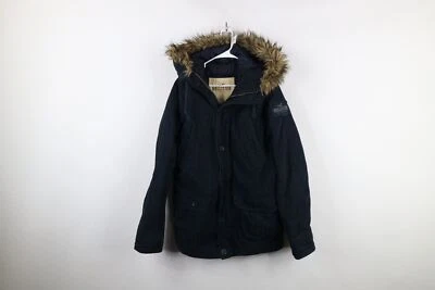 Vintage Y2K Hollister Mens Medium Heavy Faux Fur Hooded Parka Jacket Navy Blue - Image 1 of 4