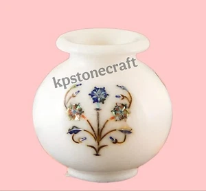 12-Inch White Marble Flower Vase Pot – Lapis Lazuli Gemstone Inlay | Matka Shape - Picture 1 of 4