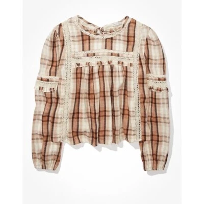 Blusa AMERICAN EAGLE Talla S Beige A Cuadros Encaje Ribete Espalda Abierta Manga Campesina Top Foto 1 de 4