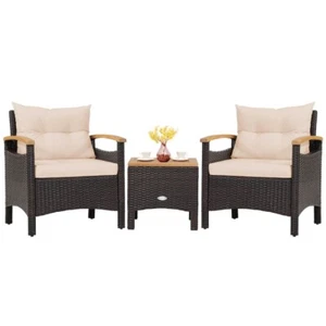 3 Pcs Patio Rattan Furniture Set w/ 2 Chair Coffee Table Removable Seat Cushion - Picture 1 of 10