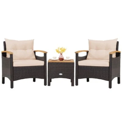 COSTWAY 3 Pcs Patio Rattan Furniture Set w/ 2 Chair Coffee Table Removable Seat Cushion