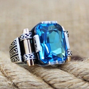 Blue Topaz Ring, Solid 925 Sterling Silver Men's Ring - Picture 1 of 6