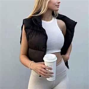 Women Crop Cotton Padded Vest Sleeveless Stand Collar Puffer Gilet Coat - Picture 1 of 27