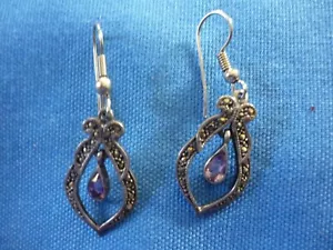 Vintage Amethyst Markasiten Ohrringe - SS, Tropfen - durchbohrt - schön - Bild 1 von 3