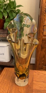 VTG Signed Adam Jablonski Poland Art Glass 10” Swung Style Vase w/blue Swirl - Picture 1 of 10