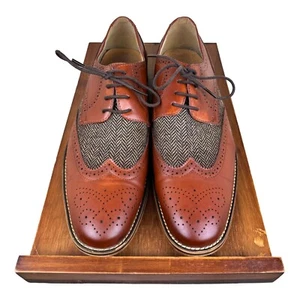 Mens Brown Brogues Shoe Lace Up Tweed Herringbone Plus Boys Shoes Peaky Blinders - Picture 1 of 11