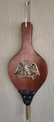 Vintage Fireplace Bellows Wood Leather & Brass Eagle Decorations 17”x7” Working - Image 1 of 4