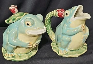 Vintage Classic Majolica Frog Ceramic Creamer And Sugar Set 5"T Henriksen Import - Picture 1 of 12