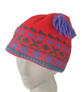 Merkley Headgear 100% Virgin Wool Red Knit Beanie Hat Geometric Winter Cap - Picture 1 of 11