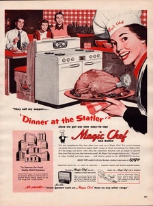 Magic Chef Original 1950 Gas Range Print Ad Statler Hotel Radio Turkey Chef Hat - Picture 1 of 1
