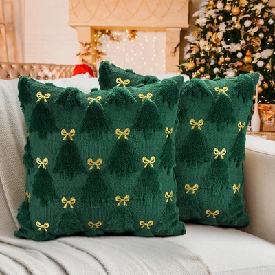 Set of 2 Christmas Pillow Covers 18x18 Inch Dark Green Tree Throw Pillows - Image 1 of 4