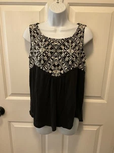 Lucky Brand Linen Blend Boho Top, Black W/white Embroidery Keyhole Back Sz S - Picture 1 of 5