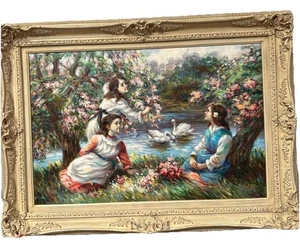 Classic Oil On Canvas 3 Girls Sitting By A Pond - Picture 1 of 9
