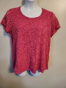 Susan Graver Pink Lace Floral Overlay Short Sleeve Top XL - Picture 1 of 5