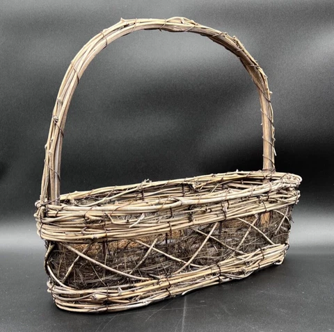 Vintage Woven Wood Stick & French Wire Basket Large Handle Rustic Farmhouse 14" Cover