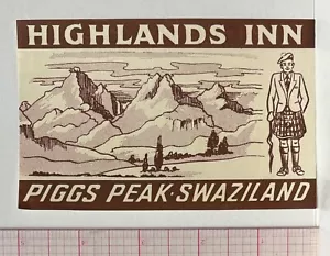 HIGHLANDS INN PIGGS PEAK SWASILAND AFRIKA GEPÄCKETIKETT ~ SCHOTTE TRÄGT KILT - Bild 1 von 2