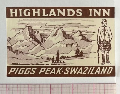 ETIQUETA DE EQUIPAJE HIGHLANDS INN PIGGS PEAK SWAZILANDIA ÁFRICA ~ ESCOCÉS CON FALDA ESCOCESA Foto 1 de 2