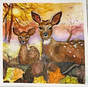 Original water colour Painting deer Miniature Signed 4 x 4 inch hand painting - Foto 1 di 1