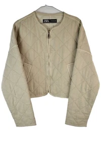 Zara Womans Short Cropped Zip Up Quilted Beige JAcket Size M Outdoors - Picture 1 of 7
