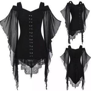 woman's Witches Halloween gothic black butterfly sleeve lace shirt - Picture 1 of 16