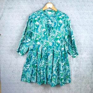 AN'GE Robe Tunique Femme S Vert Blanc Motif Paisley Bohème Manches 3/4 Évasée - Imagen 1 de 7