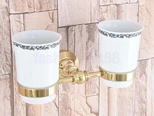 Gold Color Brass Bathroom Wall Mount Toothbrush Holder Double Ceramic Cup fba316 - Picture 1 of 8