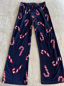 Pantalones de pijama antiguos de vellón con bastones de caña azul marino rojo blanco 10-12 - Imagen 1 de 5