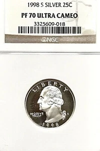 NGC PF-70 ULTRA CAMEO! 1998-S WASHINGTON QUARTER SILVER - Picture 1 of 3