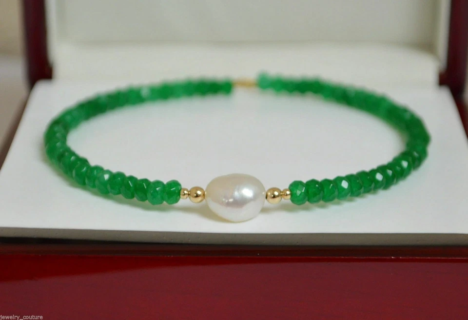 Natural Faceted Green Emerald South Sea Pearl 14K Yellow Gold Bangle Bracelet - Image 1 of 4