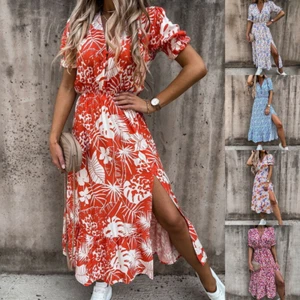 Womens Floral Print Mini Midi Maxi Dress Ladies Summer Holiday Boho Sundress - Picture 1 of 18