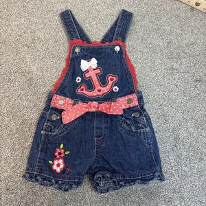 vtg Denim Shortalls Girls 2T Blue Red Nautical Anchor Bow Ruffle Floral Overalls - Picture 1 of 12
