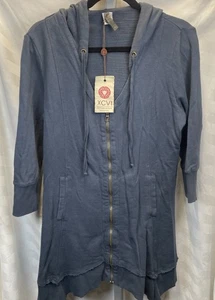 NEW XCVI Mercantile Jacket L Blue Hoodie Pockets Asymmetrical Hem Full Zip - Picture 1 of 13