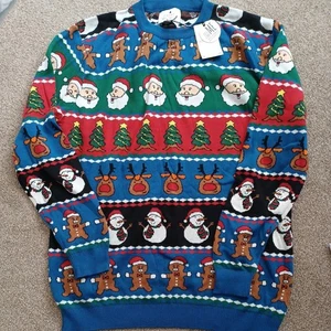 Men's Christmas Jumper NEXT NEW XL blue santa snowman pattern stripe Bnewtags - Picture 1 of 4