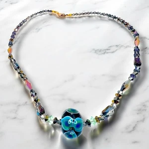 Beaded Glass Necklace Art Glass Blue Floral Bead Crystals 17” Vintage 80s 90s - Picture 1 of 10