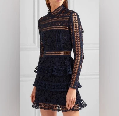 AQUA BLACK DOTTED LACE TIERED RUFFLED MINI DRESS MOCK NECK LONG SLEEVE SIZE M - Image 1 of 4