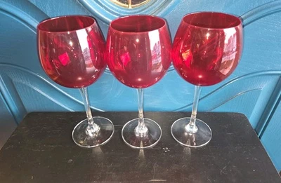 Vintage Set of 3 Tall Ruby Red Balloon Goblets 8.5" w Clear Stems - Image 1 of 4