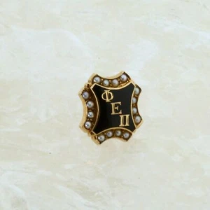Pin Phi Epsilon Pi oro amarillo 10K con esmalte negro y perla semilla alrededor de 1930 - Imagen 1 de 5