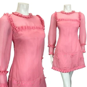VTG 60S MOD PINK MESH RUFFLE CLEAR BEADED FLOWER BISHOP SLEEVE SHIFT DRESS 8 - Picture 1 of 13