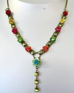 Michal Negrin Y-Drop Necklace MultiColor Carved Roses & Swarovski Crystals Boxed - Picture 1 of 8