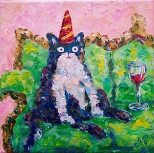 Funny Cat Oil Painting Cat with Wine on Sofa Original Artwork Canvas Wall Art - Picture 1 of 8