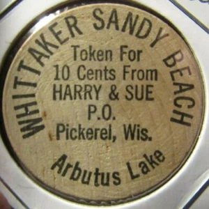 Vintage Whittaker Sandy Beach Pickerel, WI Wooden Nickel - Token Wisconsin - Picture 1 of 2